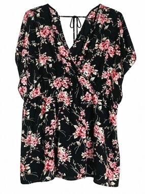 Torrid Black Floral Wrap Blouse with Pink Blossoms With Back Tie
